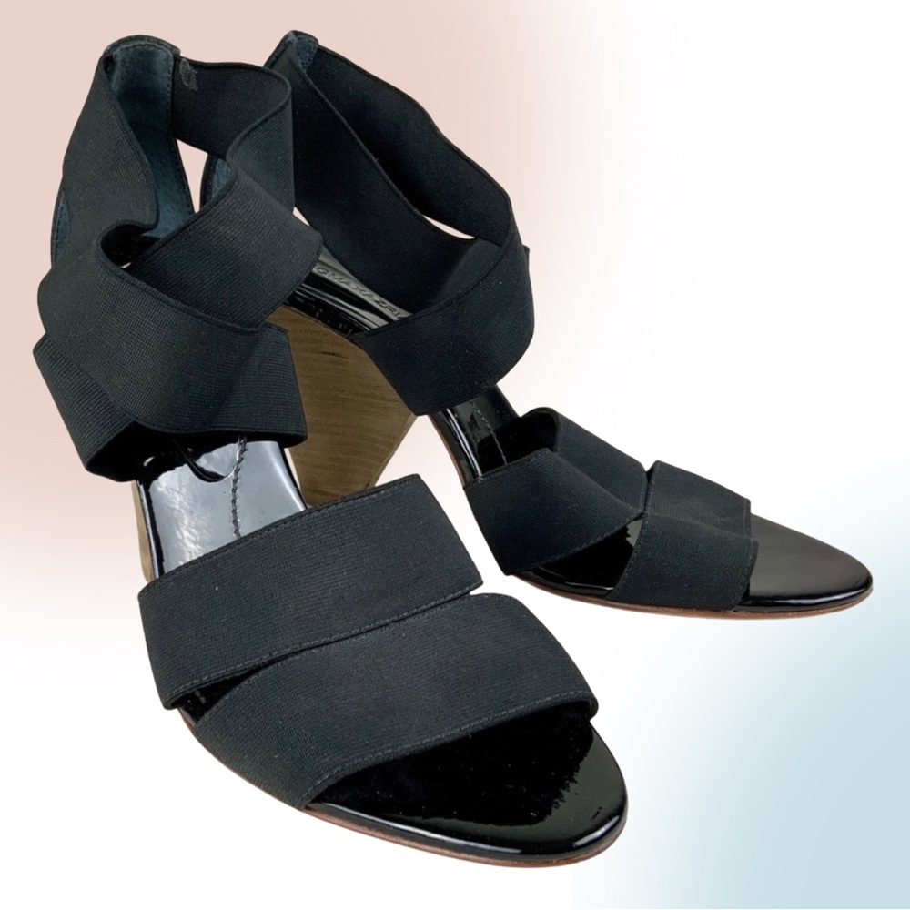 BCBG MAXAZRIA Black Leather & Elastic Strappy Sandals with Stacked Heel - Picture 2 of 12